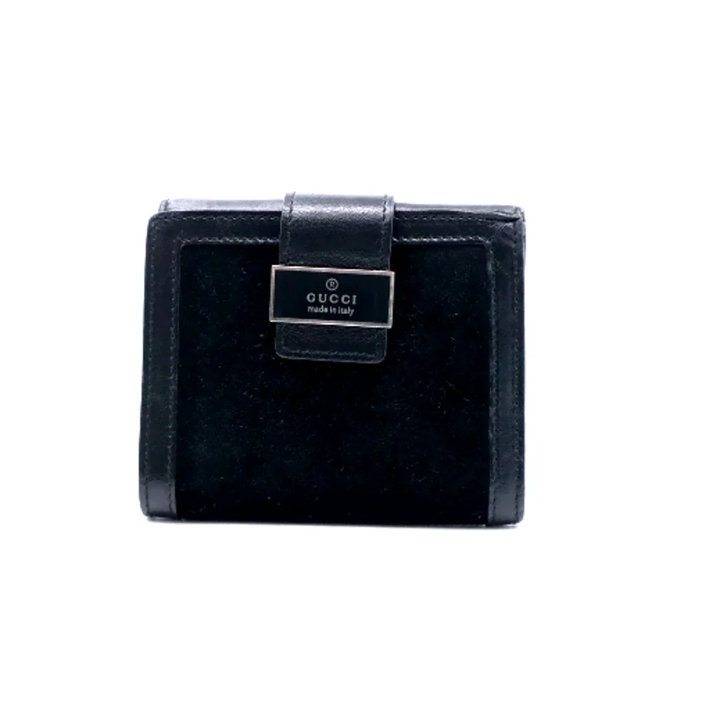 Gucci Compact Hook Wallet in Black with Logo Plate Suede and Leather Authentic - Picture 2 of 14